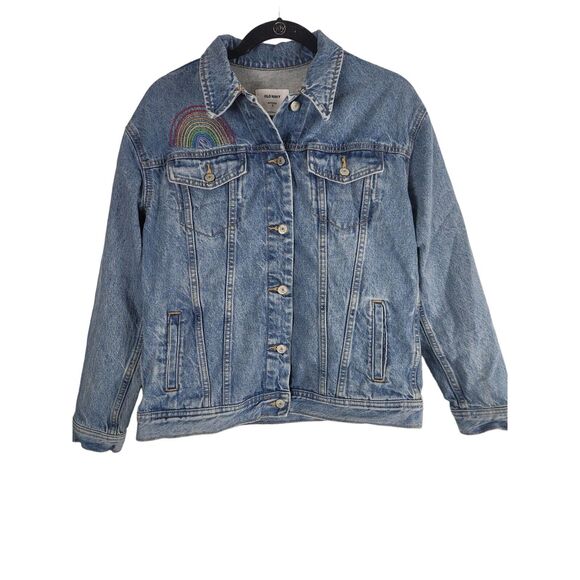 Old Navy Pride Denim Jean Jacket S Womens Boyfriend Blue Rainbow Button Front - Picture 2 of 12